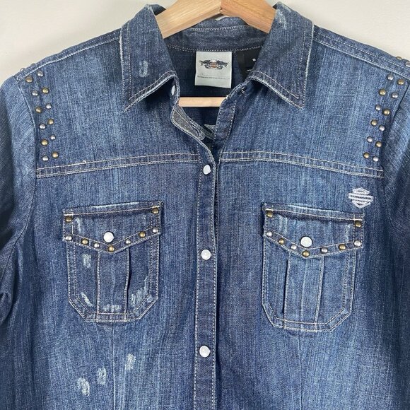 Harley Davidson Womens Embroidered Pearl Snap Button Beaded Denim Shirt Sz Small - Picture 2 of 12